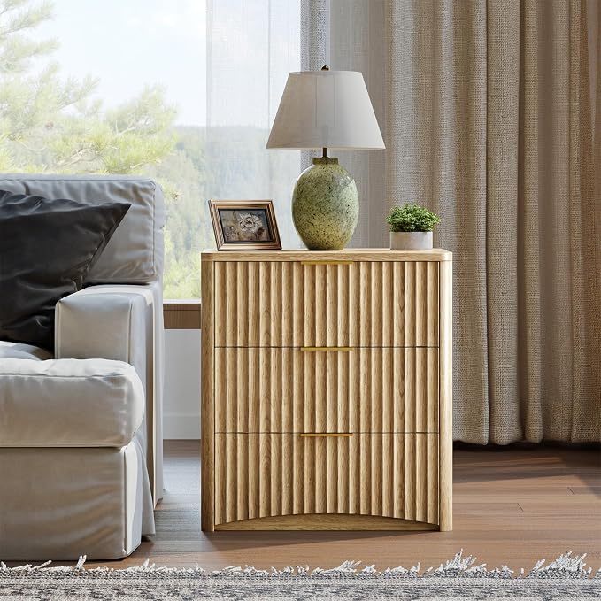 Evermagin Fluted Nightstand, Natural Oak Bedside Table with 3 Drawers, Wood End Table with Storage Mid Century Modern, Large Night Stand for Bedroom - Image 6