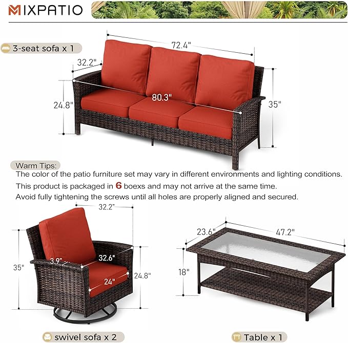4-Piece Wicker Patio Furniture Set with Swivel Chairs, High Back Outdoor Sofa with 5.5-inch Thick Cushion, All-Weather Wicker Patio Conversation Set for Deck Yard Pool, Red