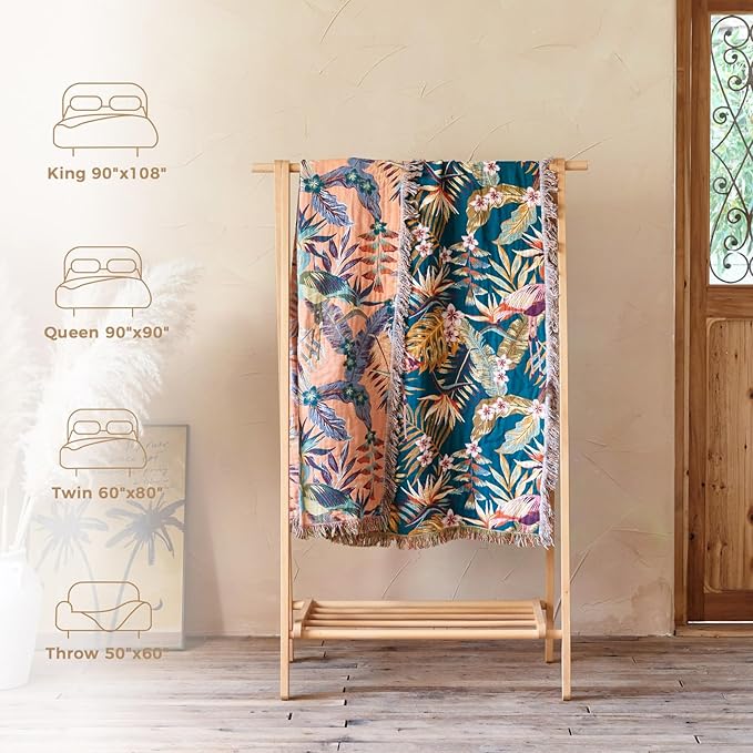 LUTBM Boho Throw Blanket for Bed Cotton Spring Blankets Bedroom Living Room Twin All Season Lightweight Forest Embroidery Quilt for Couch Sofa Chair 60"x80"