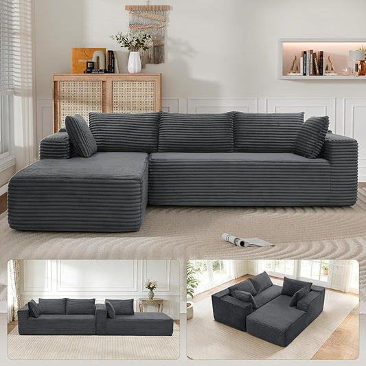 Cloud Sectional Couch, 105” Fluffy Modular L-Shape Sofa with Right Chaise Lounge, Modular Sectional Sofa in a Box, Boneless Couch for Living Room, No Assembly Required, Flannel Gray