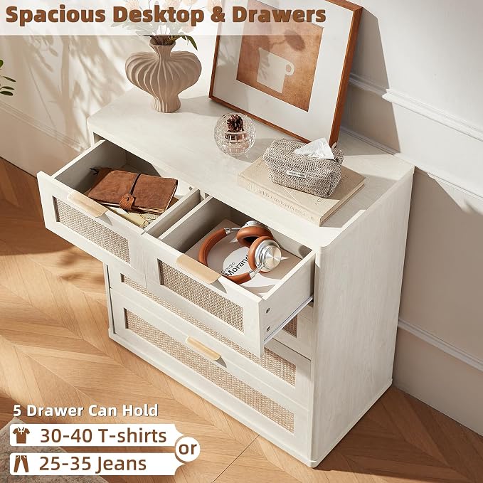 LEYAOYAO White Dresser for Bedroom, 33.5" Tall Chest of Drawers, Modern 5 Drawers Boho Rattan Dressers with Storage, Dresser Wooden Closet Organizer for Living Room, Hallway - Image 6