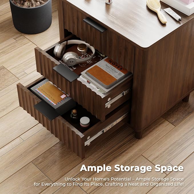 Fluted Nightstand Set of 2, Multifunctional 3 Drawers Storage Bedside Table with Charging Station, Wood Modern Nightstand, Curved Profile Design, End Table for Indoor Room Bedroom, Walnut - Image 4
