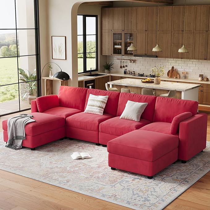 IDEALHOUSE 135.5" Modular Sectional Sofa, 6 Seater Sectional Couch, U-Shape Modern Sofa with Ottoman, Deep Seat, Oversized Convertible Modular Couch for Living Room Apartment Office, Chenille, Red