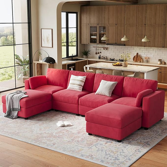 IDEALHOUSE 135.5" Modular Sectional Sofa, 6 Seater Sectional Couch, U-Shape Modern Sofa with Ottoman, Deep Seat, Oversized Convertible Modular Couch for Living Room Apartment Office, Chenille, Red