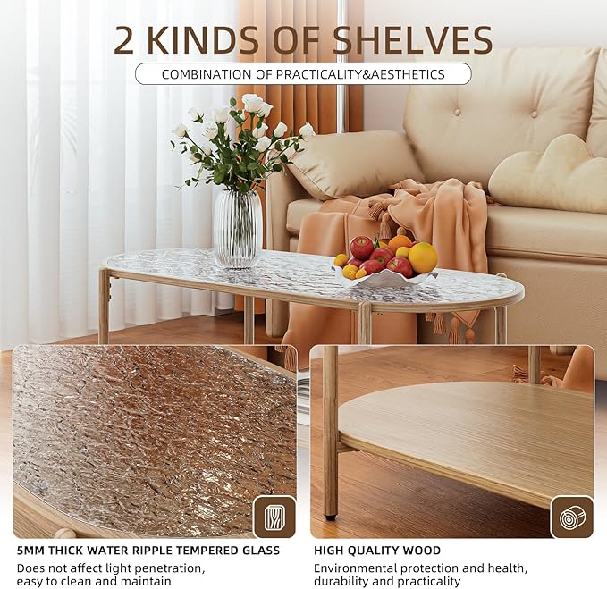 Glass Coffee Table, 44” Tea Dinner Table 2-Tier Oval Center Table Wave Pattern Tempered Glass Table Top With Anti Slip Pads, for Living Room Office Cafe Reception Room Small Space Apartment