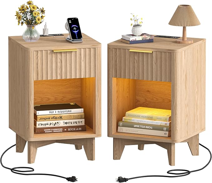 Fluted Nightstand Set of 2, Wooden Night Stand with Charging Station and LED Light, Modern Mid Century End Table with Drawer, Bedside Table for Bedroom, Natural Oak - Image 8