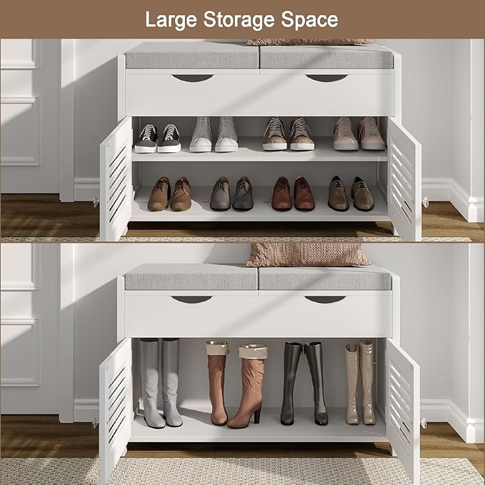 ChooChoo Shoe Storage Bench with Lift Top Storage, Entryway Bench with 2 Cushioned Seats, 3 Compartments, Adjustable Shelf, Shoe Cabinet for Entryway, Bedroom, Living Room, White - Image 3
