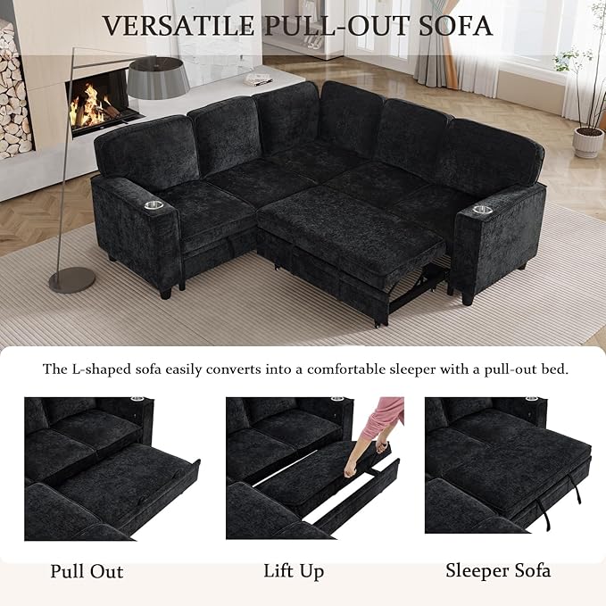 KEIKI 81" L-Shaped Oversized Chenille Modular Sectional Sleeper Sofa with Pull-Out Bed, Storage Seat, Modern 5-Seater Upholstered Couch Bed with Charging Station, Easy Assembly, for Living Room, Black