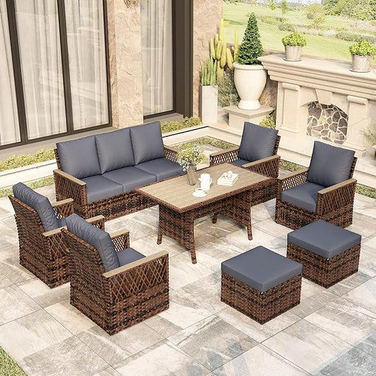 MELLCOM 8 Pieces Patio Furniture Set, Outdoor Wicker Chairs with Ottomans, 3-Seat Sofa & Dining Table, All-Weather Conversation Set with Water-Resistant Cushions & High Back for Garden, Backyard