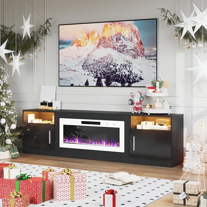 PRETZI Fireplace TV Stand with 36" Fireplace Up to 90" TVs, 80" Entertainment Center with LED Lights, Remote Control, TV Media Console with Storage Cabinets for Living Room, Black+White - Image 7