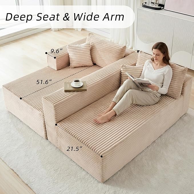 110" Boneless Couch, L Shaped Sofa with Deep Seat, Beige Couch Corduroy Cloud Sectional with Left Facing Chaise, for Living Room Bedroom