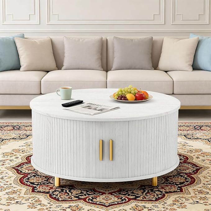 DHH Round Coffee Table, 31.5" Mid Century Modern Coffee Table with 360° Sliding Tambour Door, Fluted Accent Coffee Table with Storage Adjustable Footpads for Living Room (White)