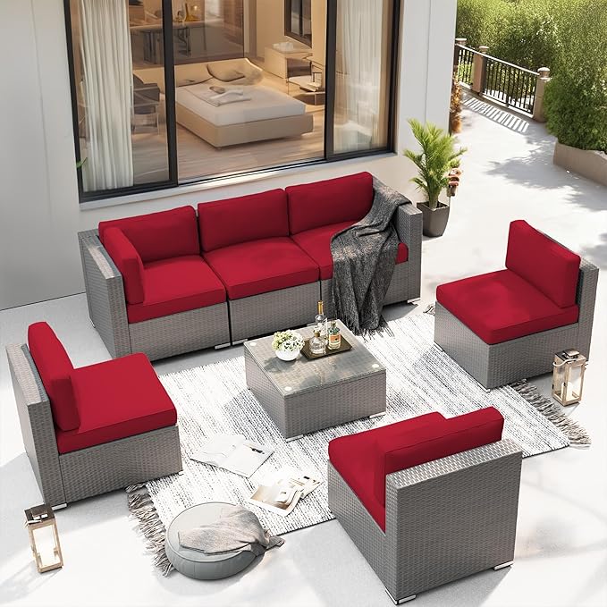 SUNCROWN Outdoor Patio Furniture Set 7 Piece Outdoor Sectional Sofa Grey Wicker Conversation Sofa Set with Coffee Table and Cushions -Red