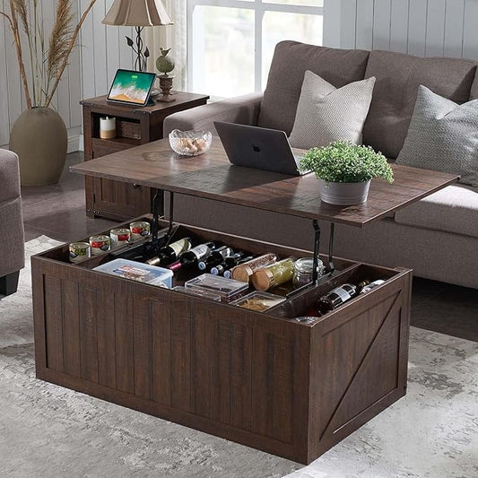 48" Lift Top Coffee Table, Farmhouse Cocktai with Sliding Groove Barn Door, Rustic Wood Center Table w/Double Storage Spaces for Living Room, Brown