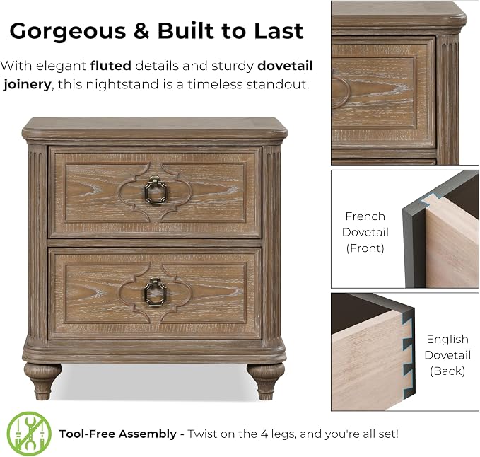 Furniture of America Weile Art Deco Solid Wood 29-inch Nightstand, Bedside Table with USB Ports, Antique Handles and Turn Legs, Wooden Night Stand for Bedroom, Guest Room, Dorm, Rustic Oak - Image 5