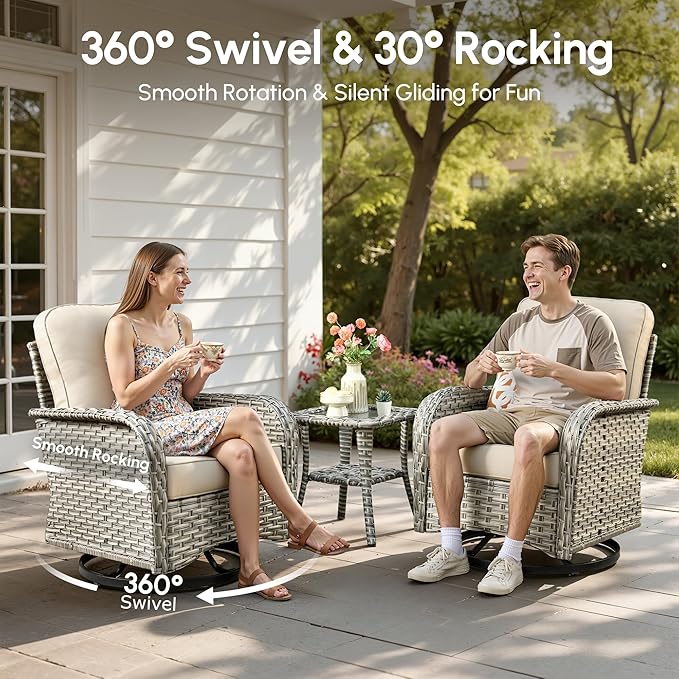 Patio Furniture Set,9 Pieces Outdoor Wicker Conversation Sets with 42 in Fire Pit Table,2 Wicker Rocking Chair & Coffee Table,Outdoor Sectional Sofa for Balcony Backyard Poolside Garden Lawn(Beige)
