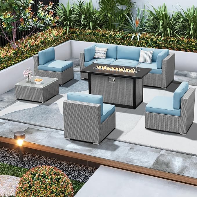 SUNCROWN Outdoor Patio Furniture Set 7 Piece Outdoor Sectional Sofa Grey Wicker Conversation Sofa Set with Coffee Table, Cushions and Fire Pit Table (Light Blue)
