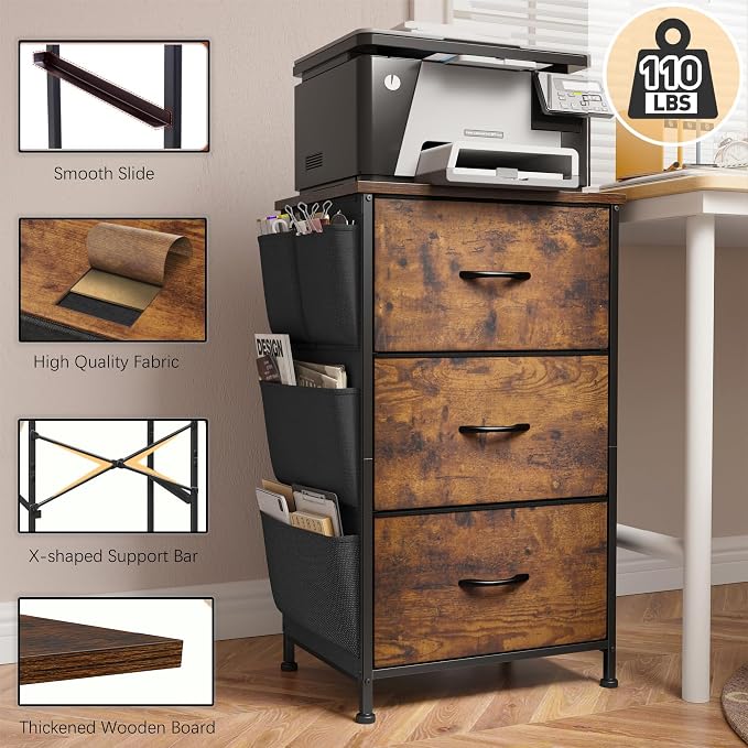 Night Stand Set 2,Night Stand with Drawers for Bedroom,Bedside Table with Wooden Top,Sturdy Steel Frame End Table,Dorm Small Nightstand for Bedroom,Entryway,Hallway,Cloth Bags,Hooks,Rustic Brown - Image 5