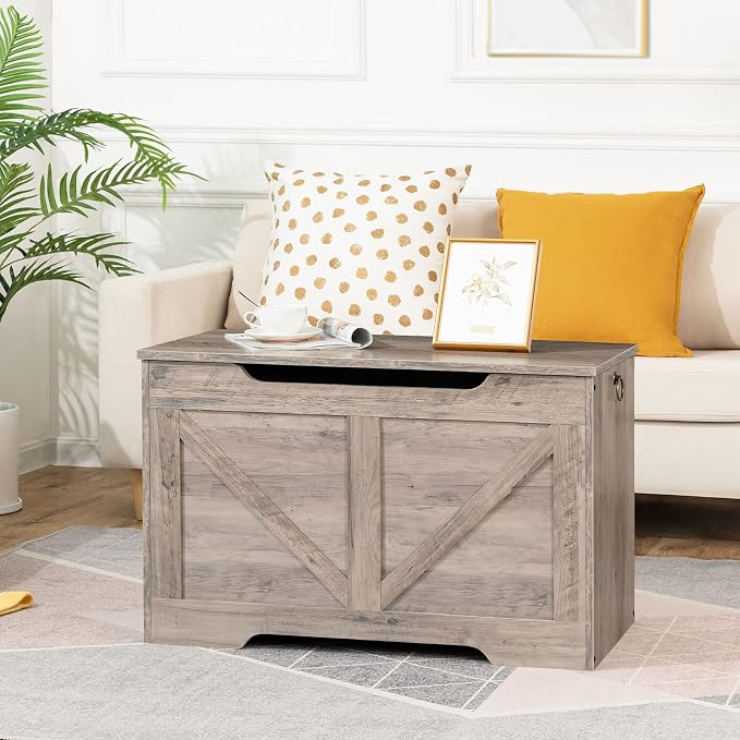 HOOBRO Storage Bench, 29.5” Retro Wooden Storage Chest with U-Shaped Cut-Out Pull, Safety Hinge, Supports 220 lb and Easy Assembly for Toy Box Organizer (Greige) BG77CW01 - Image 4