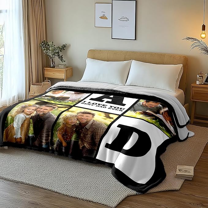 Personalized Father's Day Blanket Gifts for Husband Dad from Daughter Son Wife, Custom Blanket with Pictures Text, Fathers Day Christmas Birthday Gift for Father, Daddy, Husband, Men