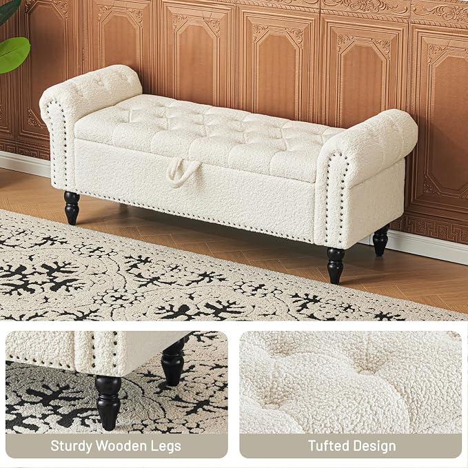 Furniliving Modern Storage Ottoman Bench, Sherpa Ottoman End of Bed Bench with Solid Wood Legs Upholstered Ottoman Benches with Storage Indoor Bench for Living Room with Rolled Arm, Entryway, White - Image 4