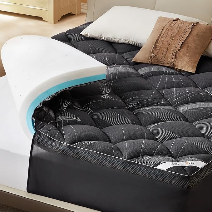 Bedlore 4-Inch California King Mattress Topper for Back Pain - Dual Layer Medium Support (2" Gel Memory Foam + 2" Cooling Fluffy Pillow Top Pad), Breathable & Pressure Relief (Gray)