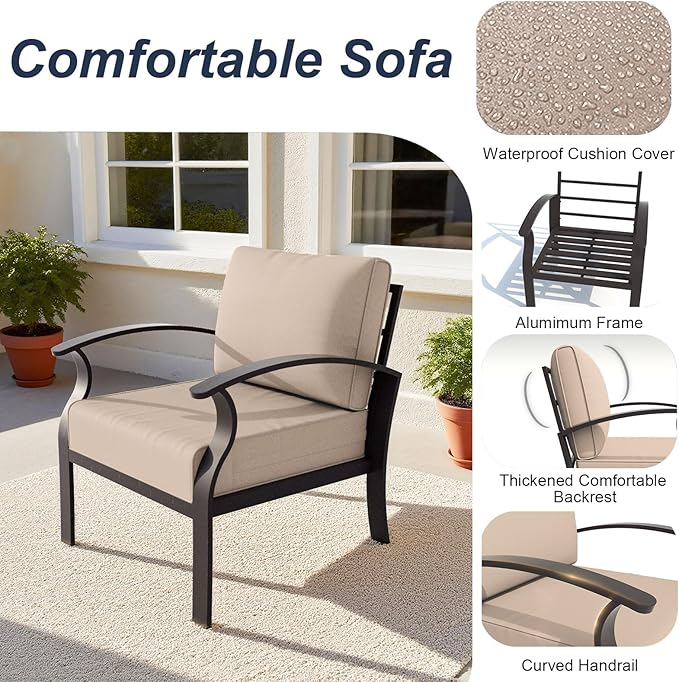 ALAULM Aluminum Patio Furniture Set with Propane Fire Pit Table 8-seat Metal Outdoor Furniture w/Fire Pit Patio Conversation Set w/5.1" Cushions for Patio, Backyard, Poolside-Sand