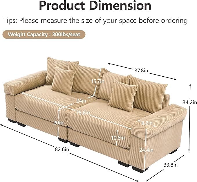KEIKI 83" Oversized Corduroy Modular Sectional Loveseat Sofa with High-Density Foam Cushions, Extra-Thick Armrest, Upholstered Modern 2-Seater Fluffy Corner Couch with 6 Pillow, for Living Room, Camel