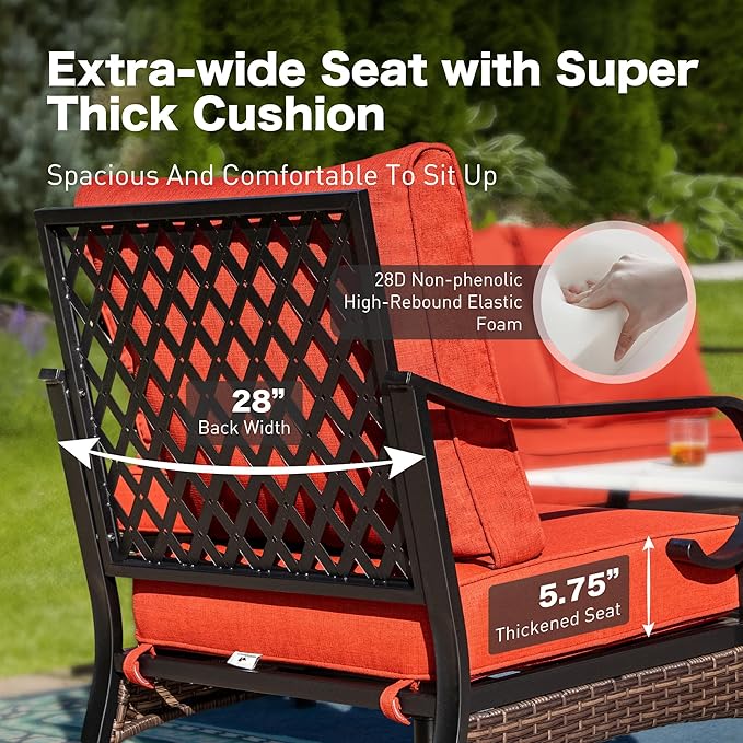 5 Piece Metal Outdoor Patio Furniture Set, Patio Conversation Set with 3-Seater Sofa, Loveseat, 2 Rocking Sofa (5.75" Thick Cushion) & Coffee Table Black Backyard Furniture, Rust Red