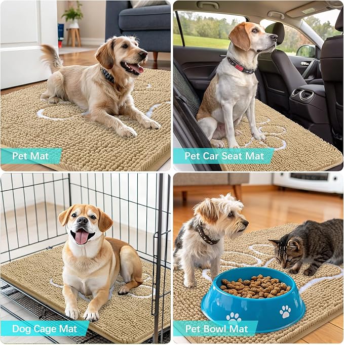 OLANLY Dog Door Mat for Muddy Paws 40x32, Paw Print Design, Absorbs Moisture and Dirt, Absorbent Non-Slip Washable Doormat, Quick Dry Chenille Mud Mat for Dogs, Entry Indoor Entryway Carpet, Beige - Image 7