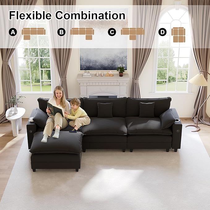 116" Modular Sectional Sofa, L Shaped Cloud Couch with Movable Ottoman, Chenille Deep Seat Cloud Sofa with Charging Station, Cup Holder, Side Pocket, Sectional Couches for Living Room, Black