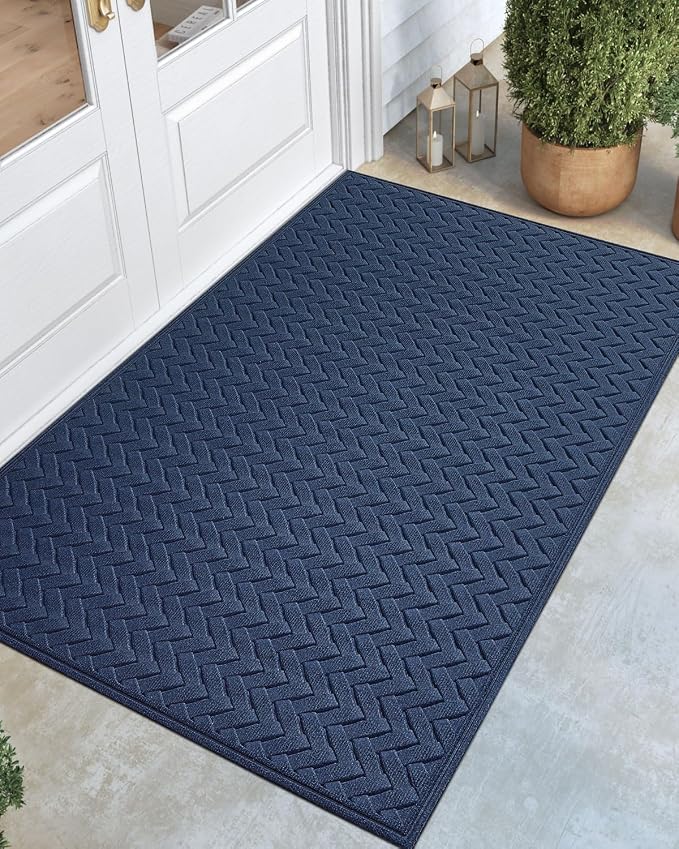DEXI Front Door Mat Outside Entrance, 3x5 ft Large Non Slip Entry Doormat Dirt Trapper with Rubber Back, Low Profile Ultra Absorbent Welcome Mats for Inside House Home Patio Entryway, Wave Navy by DEXI
