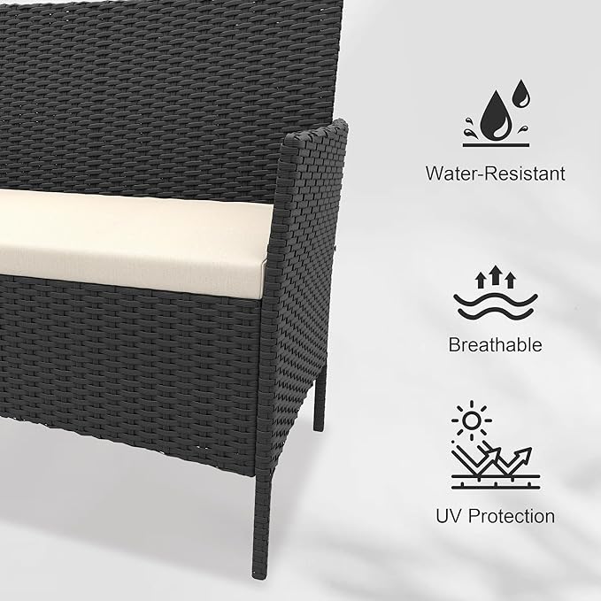 4 Piece Patio Furniture Set, Outdoor Deck Rattan Chair Wicker Combo Furniture, All Weather Dialogue Rattan Sofa with Upholstery and Glass Table for Garden, Backyard, Porch, Lawn, Pool, Black