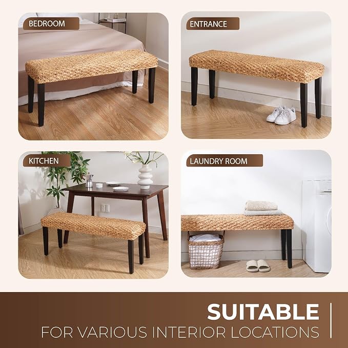 Solid Wood Acacia Indoor Bench with Natural Woven Seat, Boho Bench Entryway, Wood Bench for Living Room, Wooden Bench for Bedroom, Farmhouse Entryway Bench, Dining Benches (Black, Water Hyacinth) - Image 9