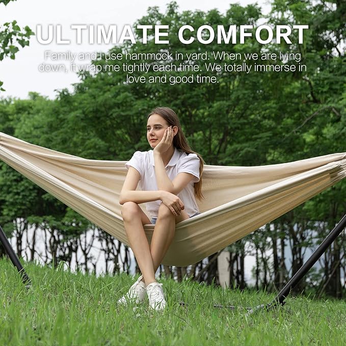 PNAEUT Double Hammocks with Stand for Outside, Portable Space Saving Heavy-Duty Steel Stand for Indoor Outdoor Patio with Carrying Bag, 450 lbs Capacity (Beige) - Image 8