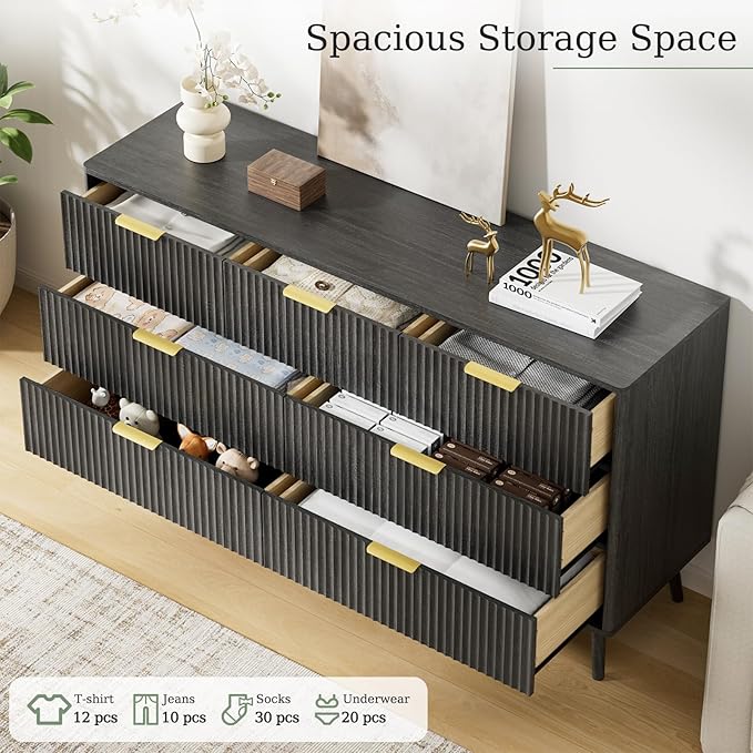 LYNSOM Fluted Dresser and Nightstand Set, 3 Pieces Bedroom Set, 55 Inch Wide 7-Drawer Dresser & 2-Drawer Nightstands Set of 2, Modern Dressers Set for Bedroom, Hallway, Black