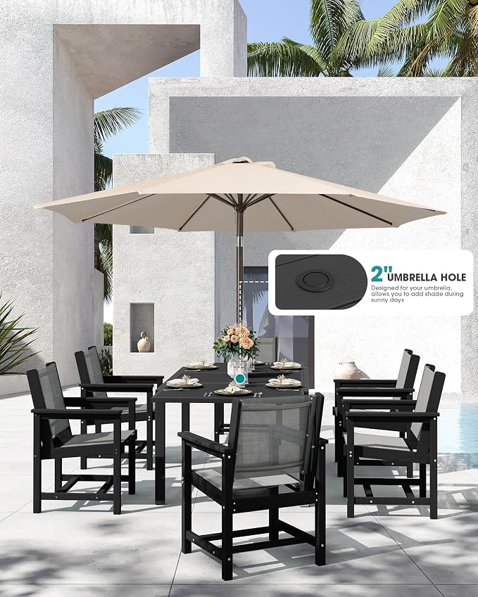 SERWALL 9-Piece Outdoor Dining Set, 60" - 83" Expandable Patio Dining Table with 8 Breathable Textilene Chairs, All Weather HDPE Patio Furniture Set, Black - Image 4