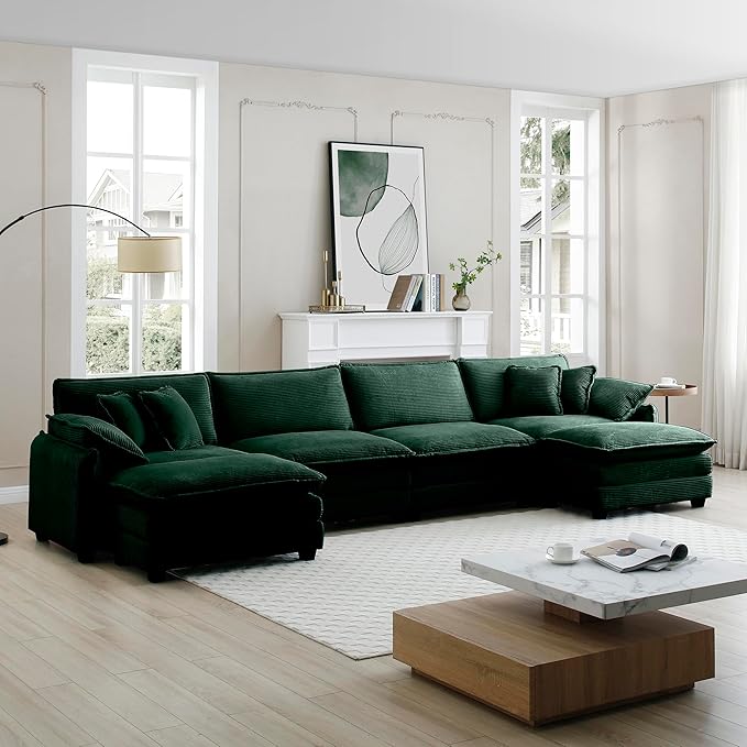 KEIKI 150" U-Shaped Oversized Corduroy Modular Sectional Sofa with 2 Ottoman, High-Density Foam Cushions, Removable Armrests, Upholstered 4-Seater Corner Couch with 6 Pillow, for Living Room, Green