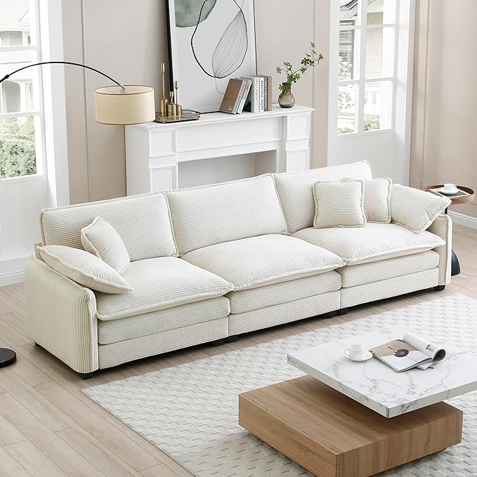 KEIKI 115" Oversized Corduroy Modular Sectional Cloud Sofa with High-Density Foam Cushions, Removable Armrests, Upholstered Modern 3-Seater Fluffy Corner Couch with 5 Pillow, for Living Room, Beige