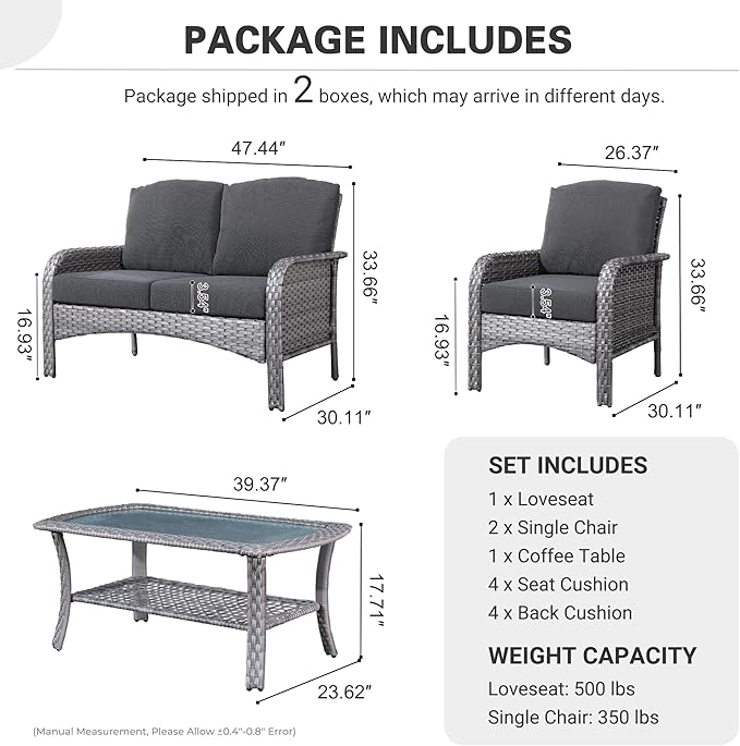 ovios 4-Piece Patio Furniture Set, Outdoor Wicker Sofa with Chairs Coffee Table, High Back Rattan Couch Loveseat with Comfy Cushions for Porch Yard Deck, Black