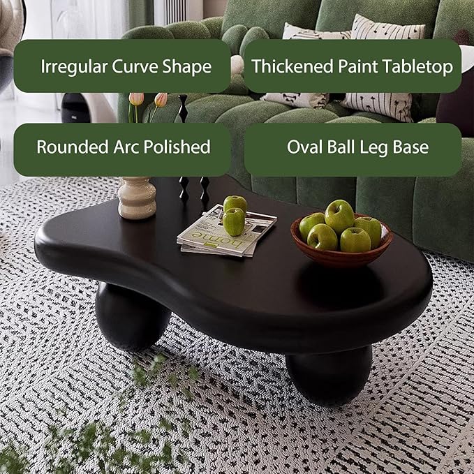 Modern Wooden Coffee Table Cloud Coffee Table Central Living Room Low Table Irregular Indoor End Table Black Coffee Tables with 3 Oval Ball Legs for Living Room Bedroom (Black Oval Leg B 47.2 inch)