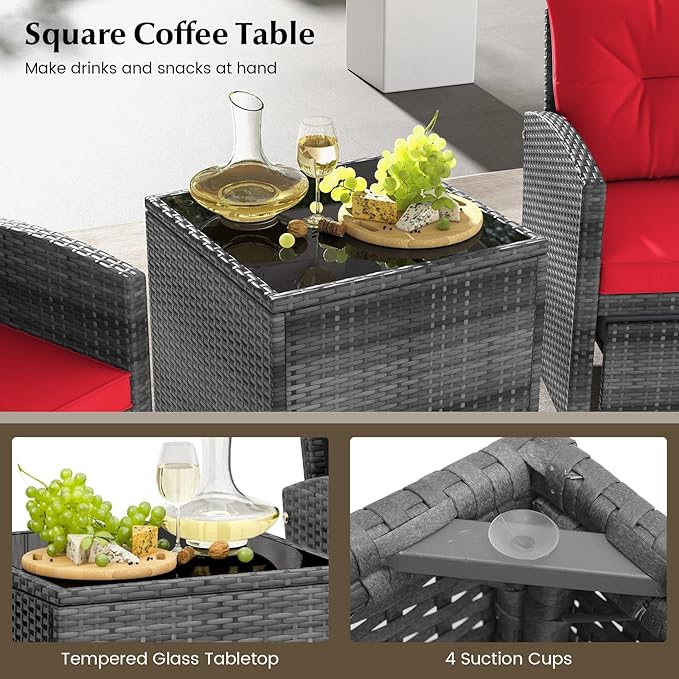 KOTEK 5 Pieces Patio Furniture Set with Ottomans, Wicker Patio Conversation Set with Coffee Table & Cushions, PE Rattan Outdoor Lounge Chairs for Backyard, Porch, Poolside (Mix Grey- Red)