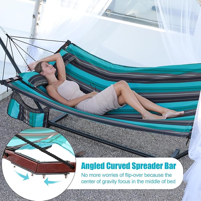 TegerDeger 12FT 2 Person Hammock Large Hammock 450LB Capacity with V Shaped Hardwood Spreader Bar & Nylon Rope for Outside, Patio, Garden, Backyard, Beach, Poolside - Teal Stripes - Image 3