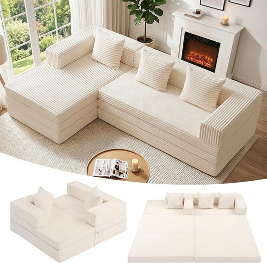 Modular Sectional Sofa, Boneless Convertible Oversized Sleeper Sofa Bed, Modern Tri-Folding Cloud Couch with L-Shape Chaise, Corduroy Futon Couches for Living Room Small Spaces Apartment,No Assembly