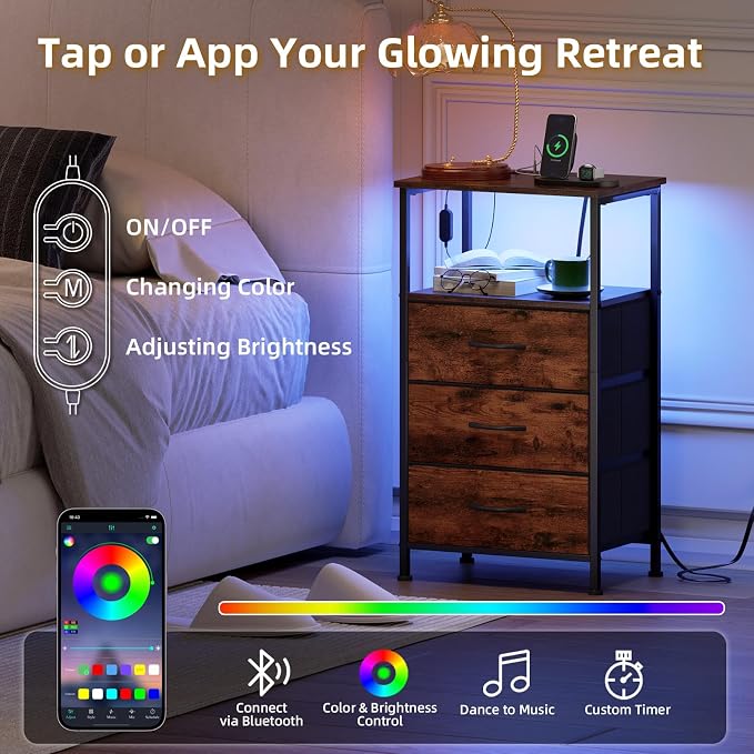 Somdot Nightstands Set of 2,Bedside Tables with Charging Station and LED Lights,Night Stand with 3 Drawers, End Tables with Open Shelf for Small Spaces Bedroom Entryway Hallway, Wood Grain Print - Image 4