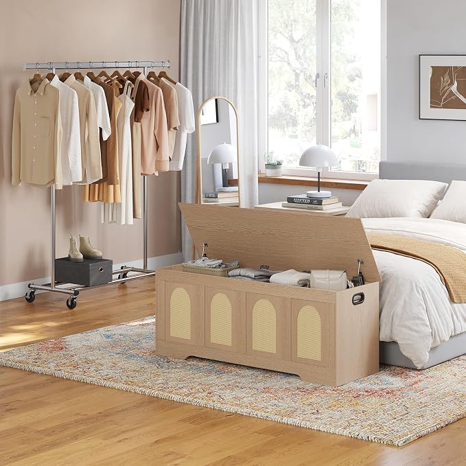 DINZI LVJ Storage Chest, 47.2" Rattan-Like Toy Box with 2 Safety Hinges, Wooden Entryway Storage Bench with Flip-Top, Large Trunk for Living Room, Bedroom, Easy Assembly, Natural - Image 2
