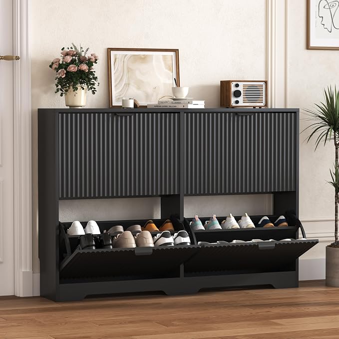HUANLEGO Shoe Cabinet Storage for Entryway with 4 Flip Drawers, Black Fluted Shoe Cabinet with Adjustable Shelves, Wooden Hidden Shoe Rack Freestanding Narrow Slim Shoes Storage for Hallway, Entrance by HUANLEGO