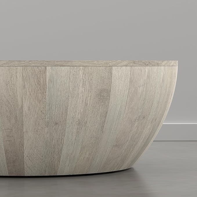 SIMPLIHOME Elmbrook Coffee Table - 34 inch Wide Solid Mango Wood Modern Industrial Round Drum Cocktail Table in Weathered White, Sculptural Living Room Table with Low Profile Design, Assembled