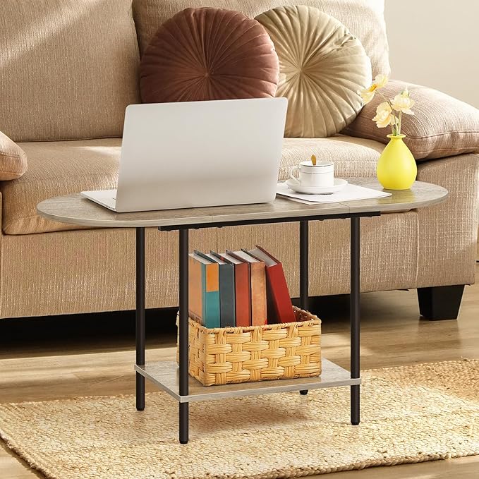 OYEAL Coffee Tables for Living Room 2-Tier Small Oval Table with Storage Shelf Mid Century Round Center Table for Display, Small Space,Home Office, Rustic Grey