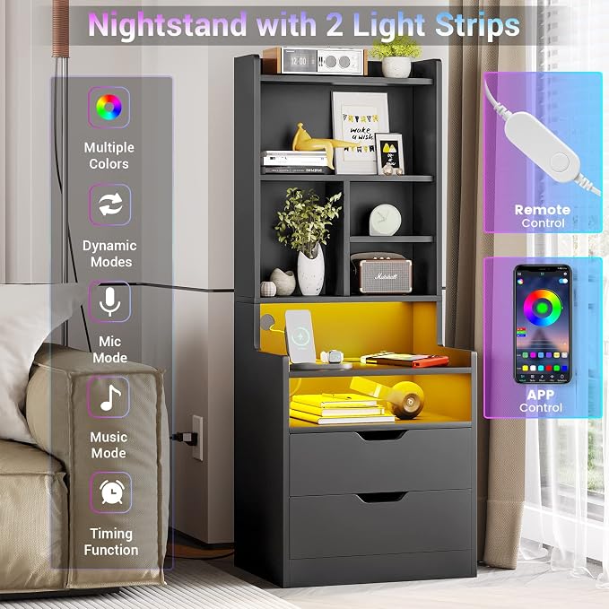 BTHFST Tall Nightstand with LED Lights and Charging Station, LED Black Nightstand with Shelves and 2 Drawers, Bedside Table with Bookshelf, Tall Side End Table with Storage - Image 3